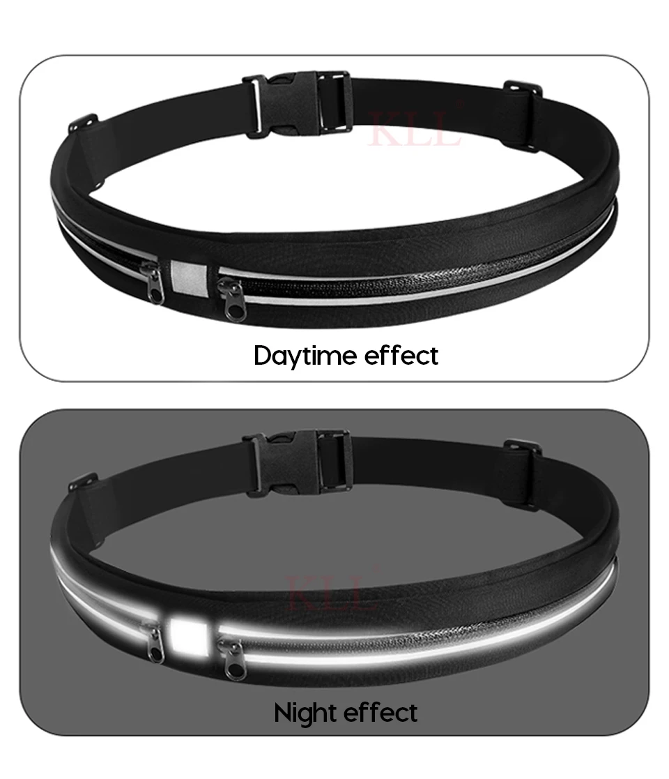 Sports Running Belt Slim Waist Pocket Belt Outdoor Dual Pouch 2 Pockets Sweatproof Reflective Waist Pack Fitness Workout Bag