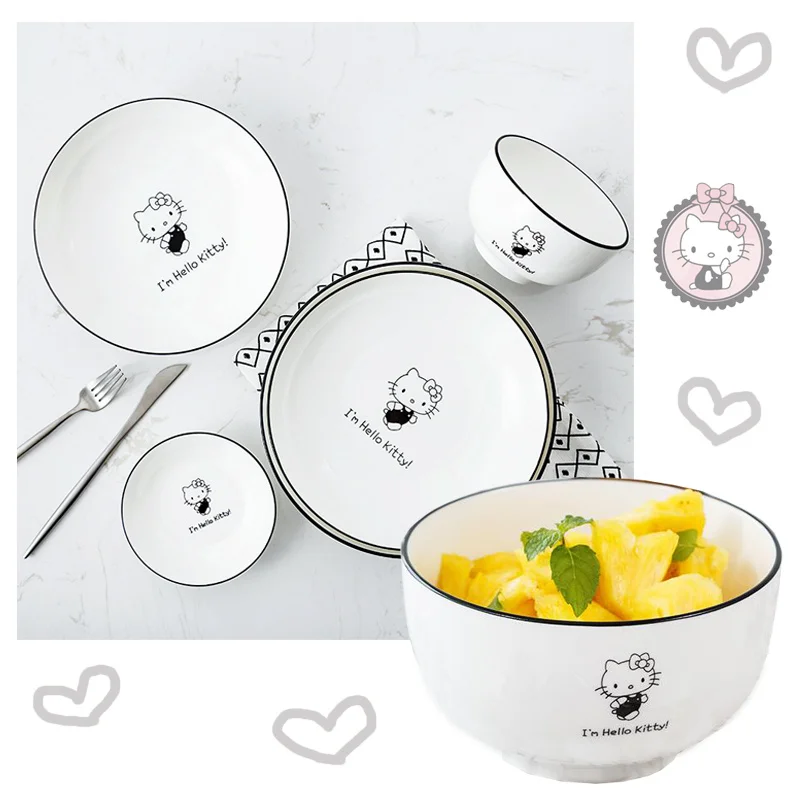 

Kawaii Cartoon Ceramic Tableware Set KT Cat Anime Figures Household Ceramic Bowl Plate Nordic Style Single Cutlery Set Cute Gift