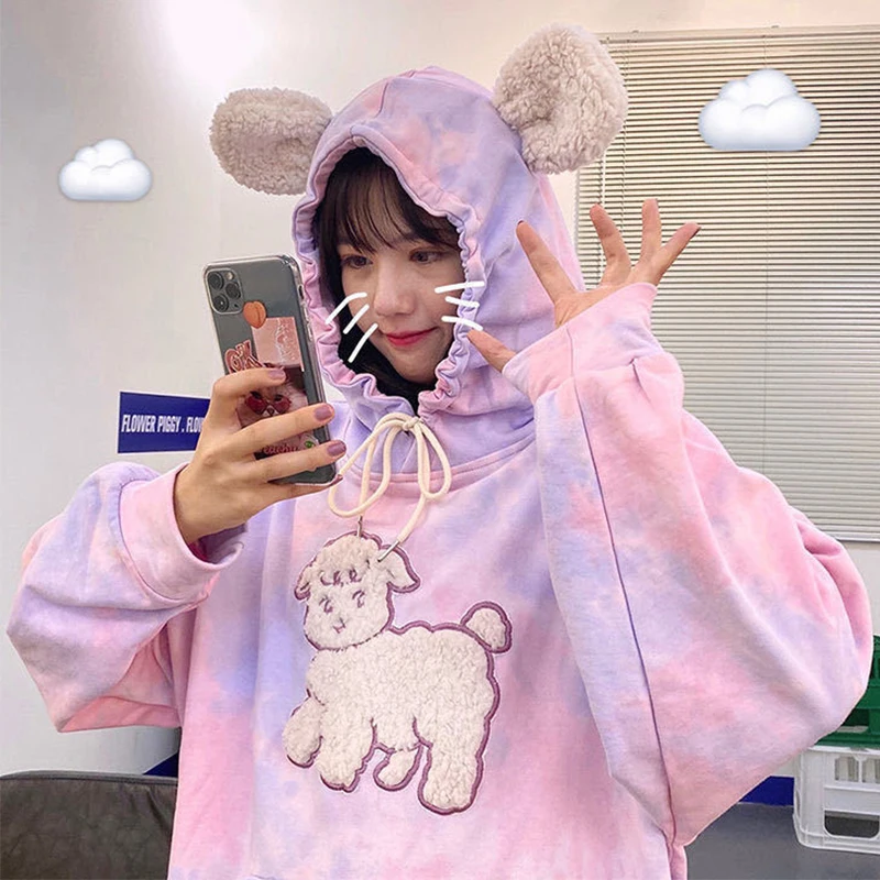 

Симпатичная вышивка "тай-дай толстовка женская y2k уличная зимняя куртка в Корейском стиле в винтажном стиле; Повседневный Спортивный костюм...