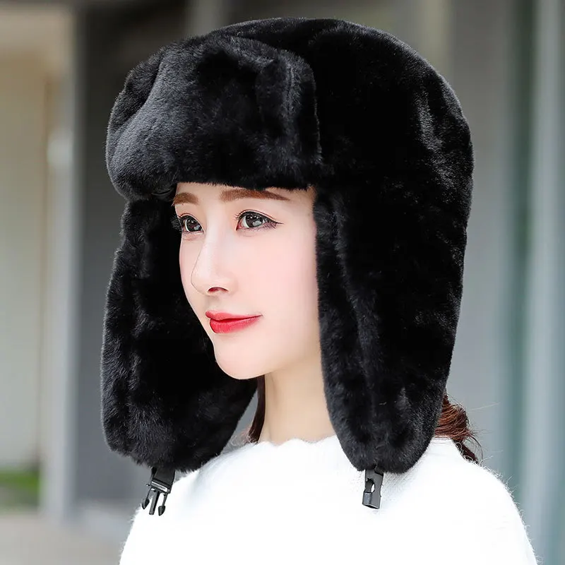 black Русские шапки меховые шапки-бомберы для Для женщин зима девочек Кепки с хлопок белая шапка меховые наушники Для женщин теплая шапка - Цвет: black