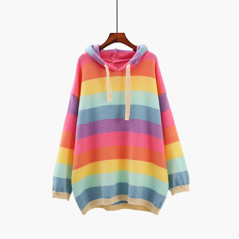 Женский милый полосатый свитер шикарные пуловеры с радугой милые капюшоном Sueter