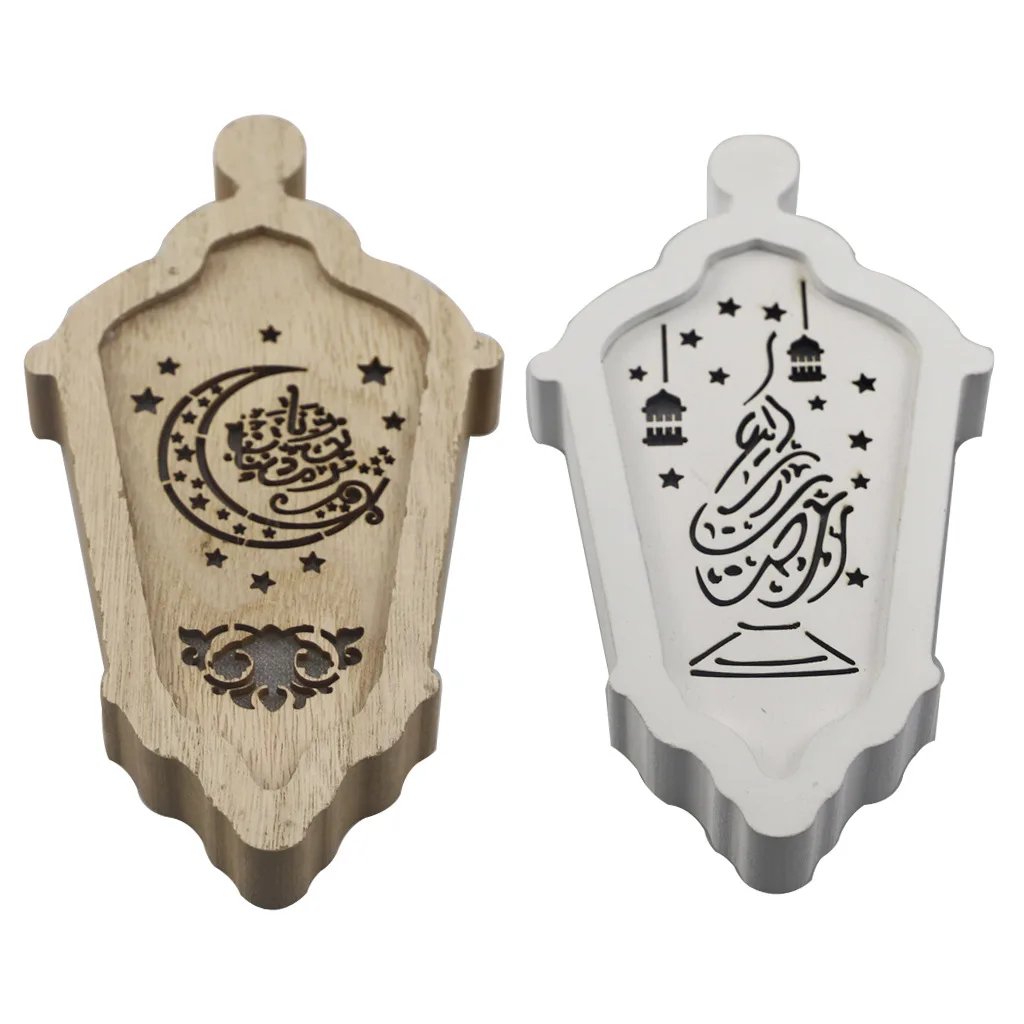 

Ramadan Decoration 2PCS Wooden Crafts Pendants Creative Eid Mubarak Ramadan Gulbang Lantern Shape with LED Lamp Pendant