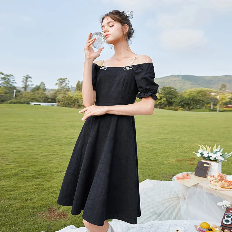 

Женское платье с открытыми плечами SHZQ, черное платье с квадратным вырезом, юбка из чистого хлопка во французском стиле Хепберн, Новинка лета...