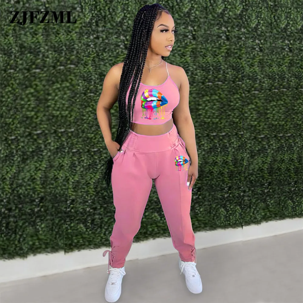 

Женский спортивный костюм в стиле хип-хоп, Радужный укороченный топ на бретелях-спагетти с принтом рта и спортивные штаны для бега с высокой...