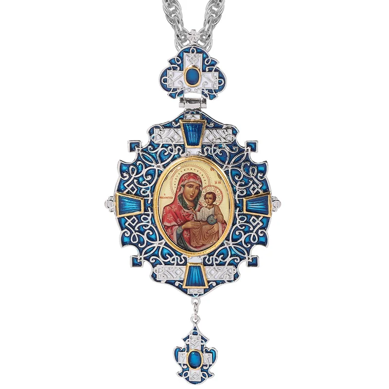 

Vintage Pectoral Catholic Orthodox Cross Necklace Blue Zircons Enamel Greek Religious Crucifix Jewelry Chain Christmas Gift