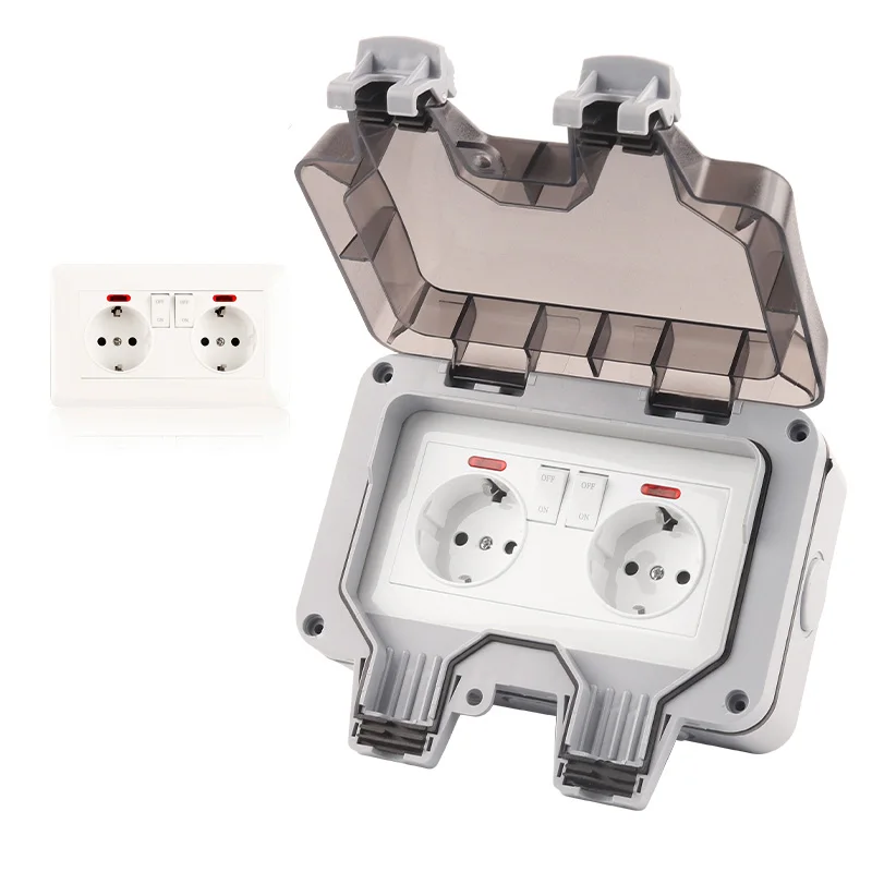 

IP66 Double Socket EU Germany 16A Weatherproof Waterproof Outdoor Wall Power Socket With Switch Grounded 250V For Home