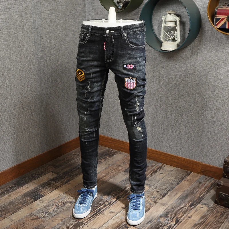 Американская уличная мода мужские джинсы Ретро Черные синие зауженные рваные джинсы мужские дизайнерские панковские брюки джинсы в стиле ...