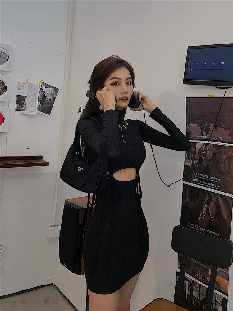 

Turtleneck Long Sleeve Mini Dresses for Women Clothing Korean Sexy Hollow Out High Waist Black Bandage Bodycon Dress Hipster New