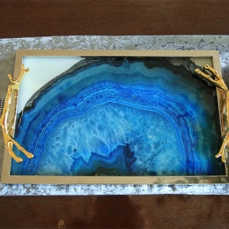 European Blue Agate Stone Pattern Rectangular Tray Decoration Home Living Room Coffee Table Storage Bed Decorations | Дом и сад
