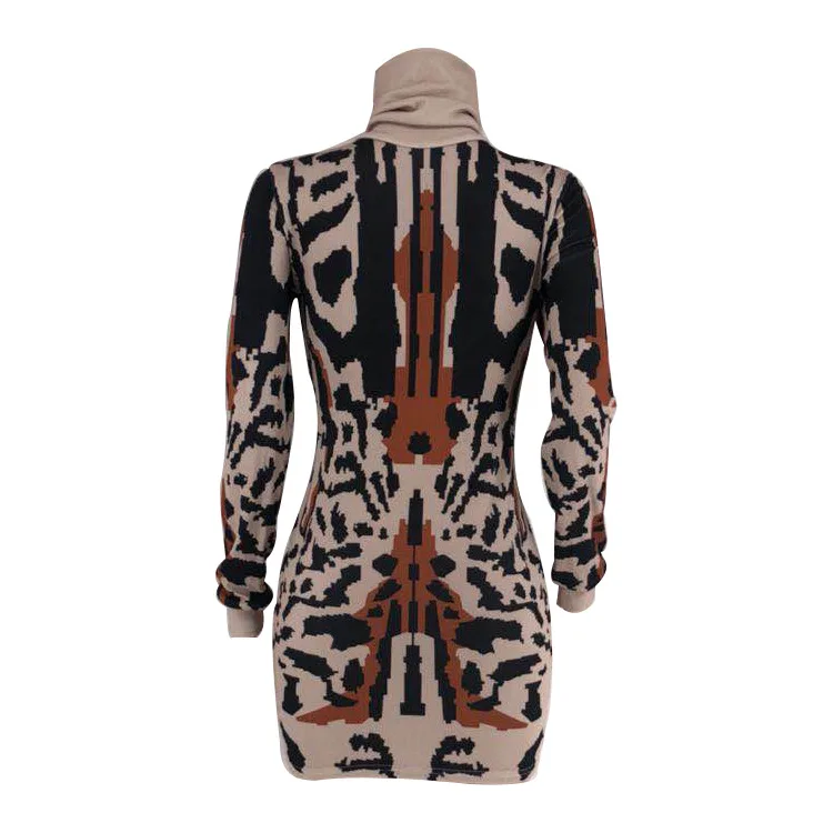 

Women turtleneck long sleeve printed mini bodycon dress Femme slim sheath dress