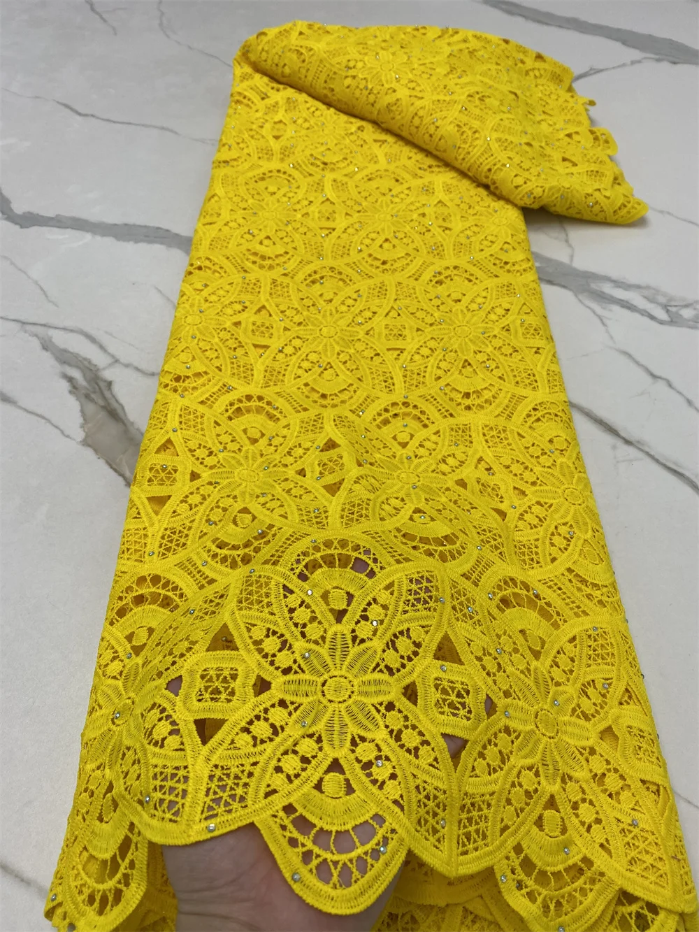 

Yellow Classic African Eembroidery Guipure Cord with Stones Fabric Nigerian Celebration lace For Party 4586B