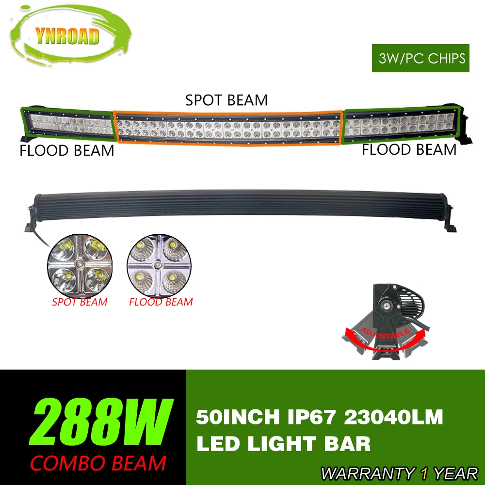 

YNROAD 288W 50inch Curved LED Work Light Bar Spot Flood Combo Beam 10V-30V SUV ATV 4x4 Truck 4WD Offroad Light Bar