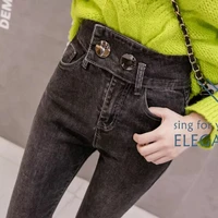 wholesale 2019 fashion high waist skinny black plus fleece jeans women autumn and winter new slim slim thin pencil pants