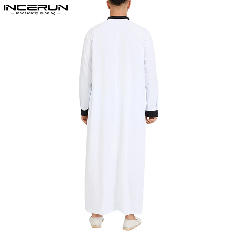 INCERUN Men Islamic Arabic Kaftan Muslim Clothing Long Sleeve Patchwork Abaya Robes Fashion Saudi Arabia Dubai Mens Jubba Thobe