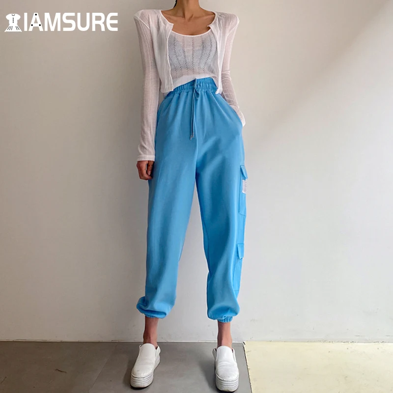 

IAMSURE Casual Loose Sweatpants Women Cool Pockets Drawstring High Waist Pants 2021 Summer Fashion Streetwear Solid Trousers