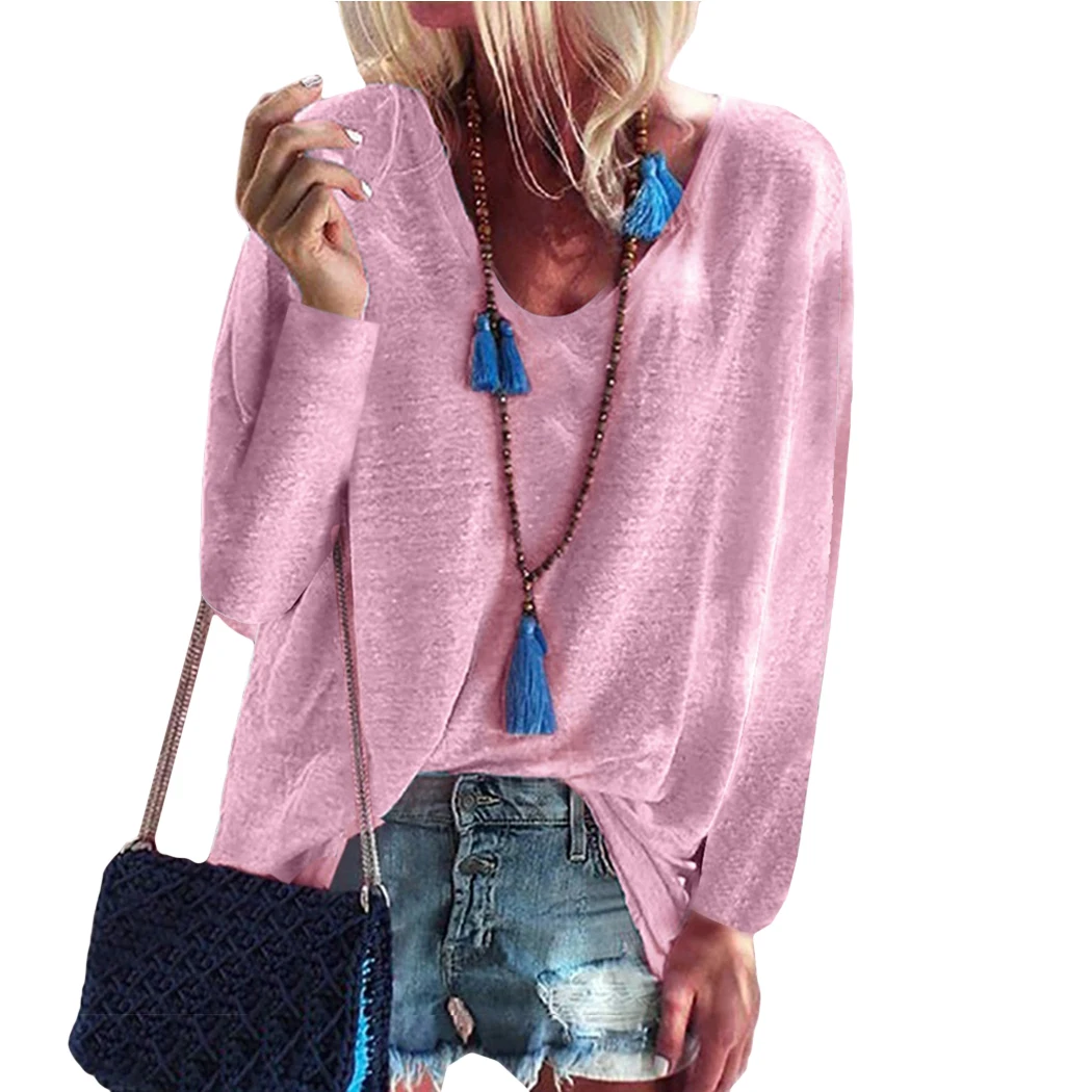 Осенняя Женская милая свободная футболка сахарного цвета с длинным рукавом и