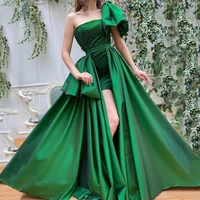sevintage green one shoulder satin prom dresses glitter pleats evening gowns sleeveless princess high low robe de soiree 2020
