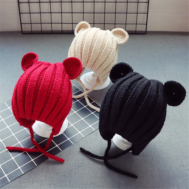 

2021 Cartoon Bear Ear Knitted Kids Beanie Cap Spring Autumn Warm Children Hats Solid Color Newborn Infant Cap Free Shipping