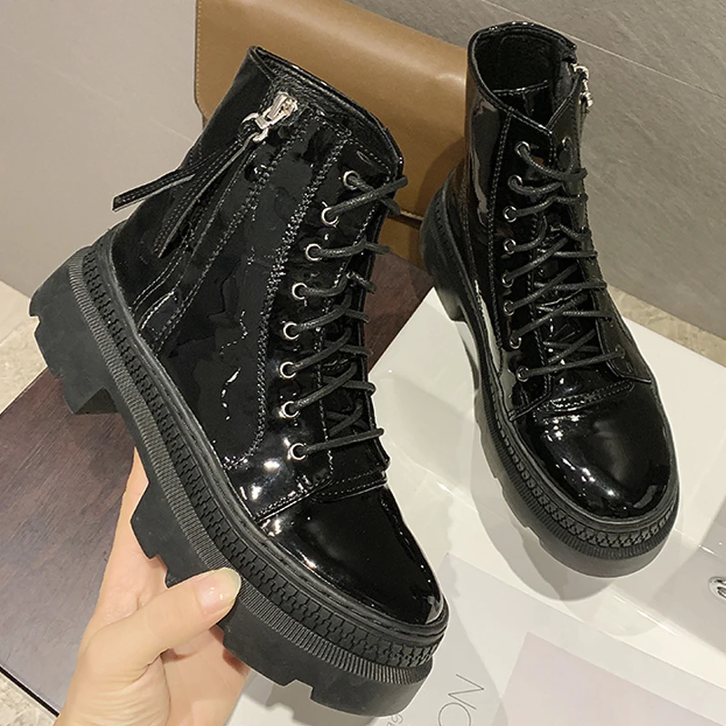 Женские ботильоны из лакированной кожи мотоциклетные ботинки женские на