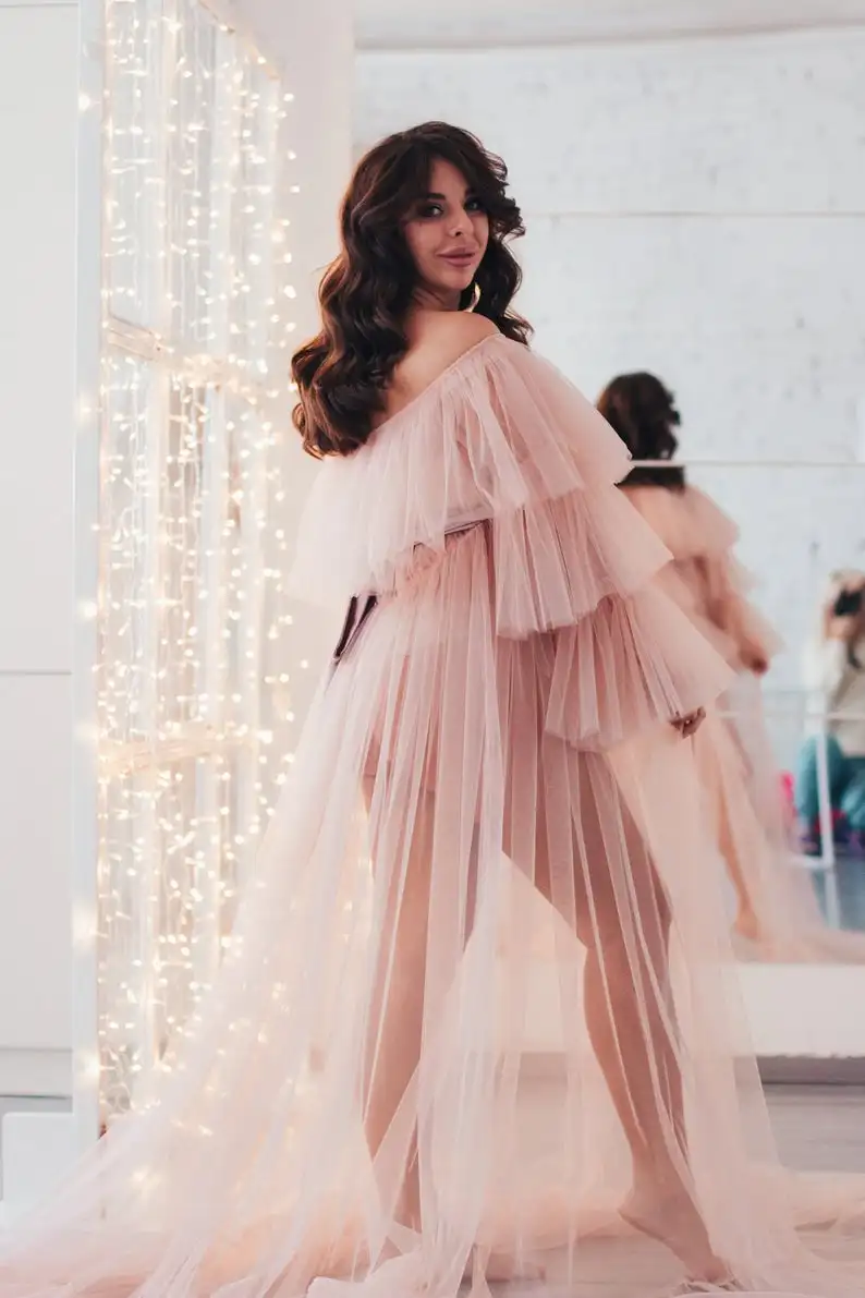 Тюлевые платья для беременных розового цвета трапециевидная рубашка фотосъемки