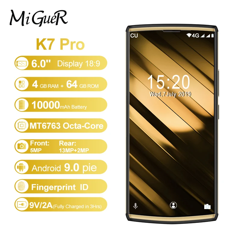 Смартфон OUKITEL K7 Pro, Android 9,0 MT6763, четыре ядра, 4 Гб ОЗУ, 64 Гб ПЗУ, 6,0 дюймов, FHD+ 18:9, 10000 мАч, отпечаток пальца, 9 В/2 А, мобильный телефон
