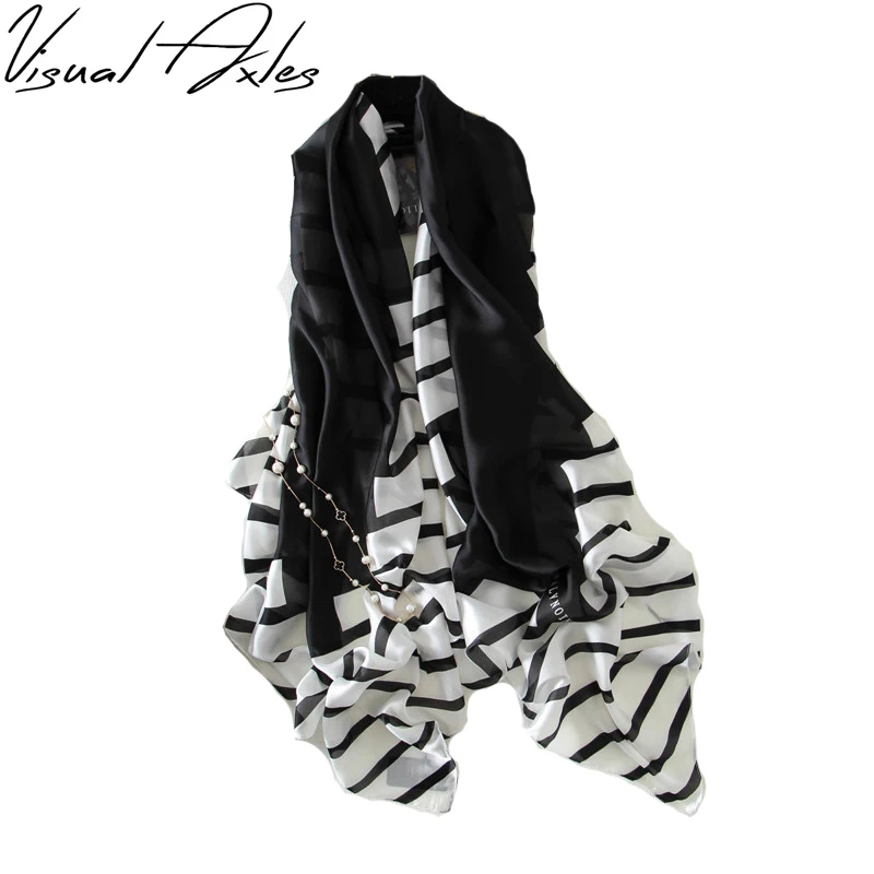 Весна 2020 Модный женский шелковый шарф в черно белую полоску роскошные брендовые