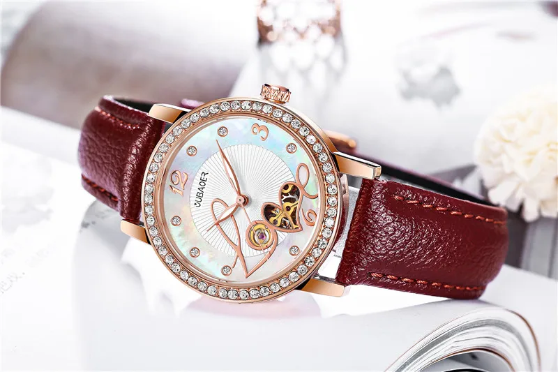 Relogio feminino, OUBAOER, автоматические механические часы для женщин, модные, стразы, полый дизайн, часы с кожаным ремешком, водонепроницаемые часы