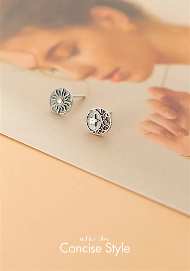 DAIWUJAN Vintage Asymmetric Thai Silver Sun Moon Stud Earrings For Women 925 Sterling Star Femme Jewelry Gifts | Украшения и