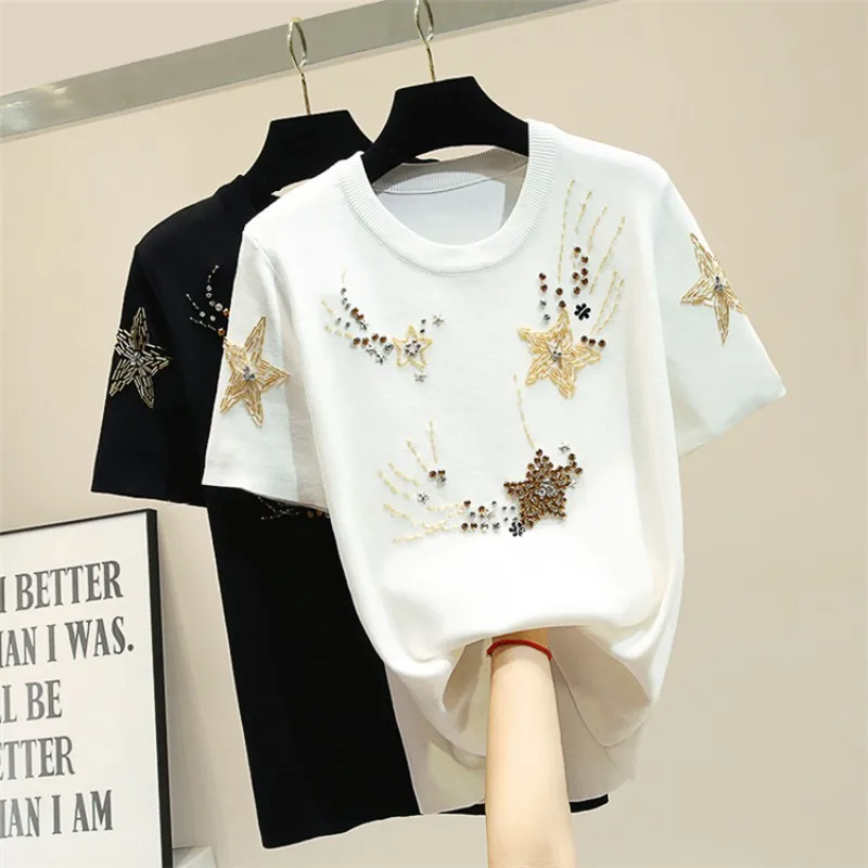 

Women Summer Short Sleeve Beads Embroidery Tees Tops O Neck Loose Fit Casual Streetwear Ladies White Knitted T-shirts One Size