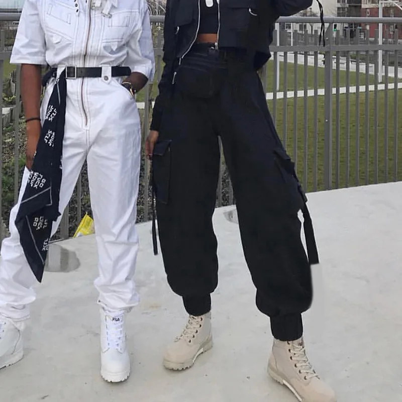 

Hip Hop Harem Cargo Pants Women Elastic Waist Punk Pants Streetwear With Ribbons Casual Slim Jogger Pants Female Loose Trousers
