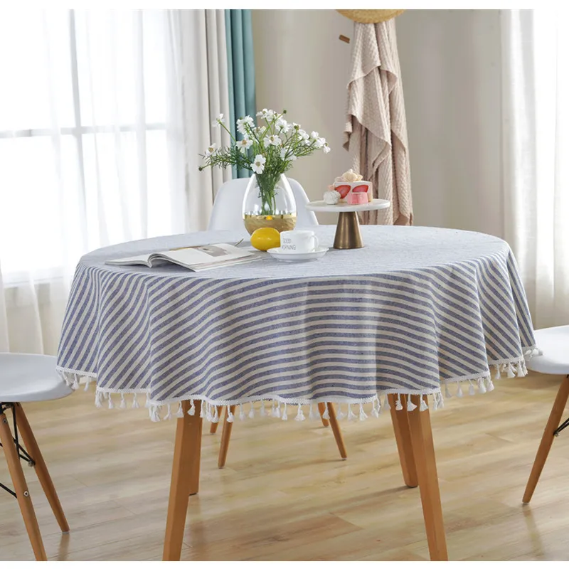 

Cotton Linen Striped Round Table Cover Plain Tassel Tablecloth Waterproof Table Cloth Exquisite Christmas Party Home Textile