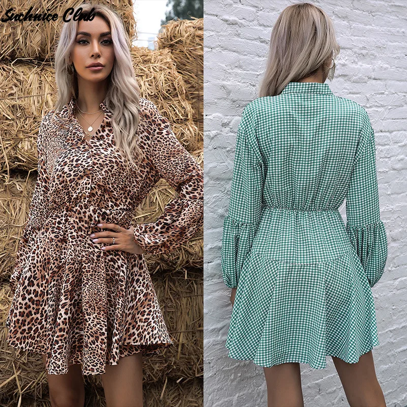

2021 Spring Slim Princess Sleeve Leopard Print Loose Dress Stand-up Collar High Waist Folds Dress Vintage Dress