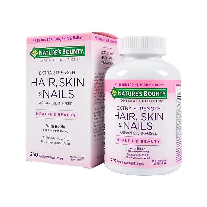 

Hair, Skin & Nails 5000 mcg fo biotin 250 pcs Antioxidants A,C & E Plus hyaluronic Acid