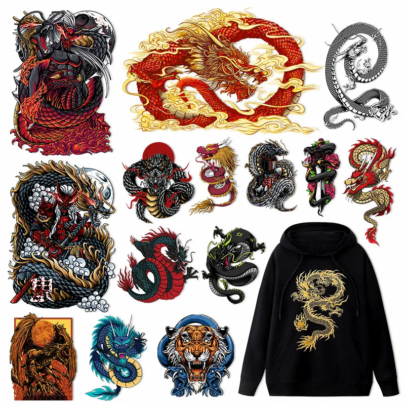 

DIY Fashion Heat Transfer Vinyl Sticker Hippie Golden Dragon Patches For Clothes Applique Iron On Transfer On T-Shirt Printing