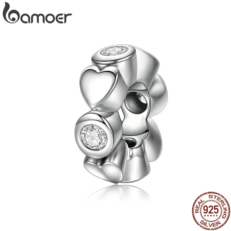 BAMOER, настоящее 925 пробы, Серебряное сердце глубокой любви, очаровательный и прозрачный CZ разделитель, подходит для браслетов, для женщин, хорошее ювелирное изделие SCC131