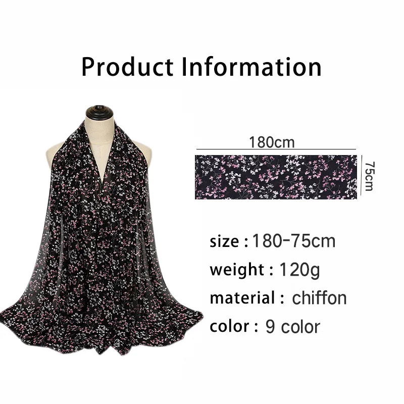 Шифоновый шарф с цветочным принтом Женский мусульманский хиджаб шали исламские