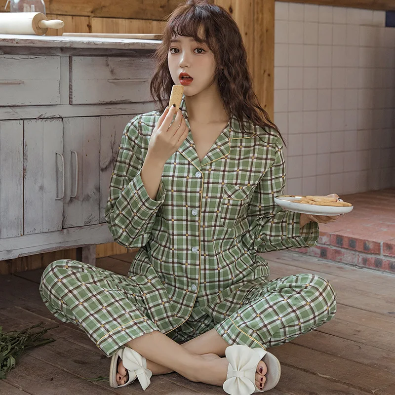 

Plaid Sleepwear Cotton Pajamas Set For Women Spring New 2 Piece Shirt&Pants Soft Nightwear Casual Lounge Wear Intimate Lingerie