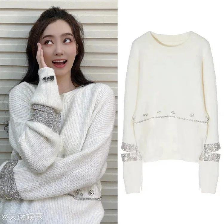 

Весна 2021 праздник торжество: тот же белый свитер Чжан сяофэй, вышивка, сочетание цветов, блестящие рукава и инкрустация бриллиантами