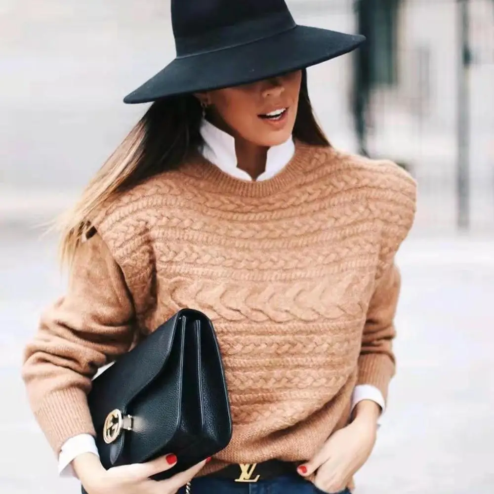 ZA New Winter Women Knitted Brown Sweater Casual Soft Fashion Female Layering Tank Top Sleeve Loose Commute Elasticity Pullover | Женская