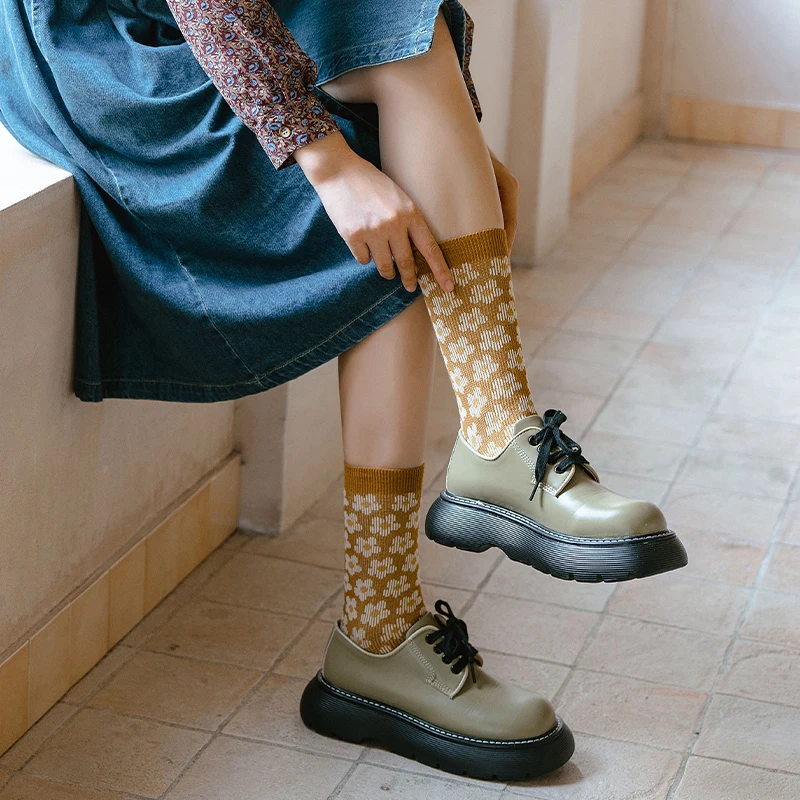 Зимние осенние теплые вязаные женские длинные носки с цветами хлопковые модные