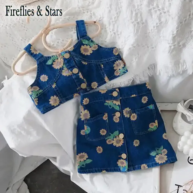 

Летний комплект из 2 предметов для девочек, детский жилет + юбка, детский джинсовый костюм, Детская уличная одежда, Модный цветочный принт, бл...