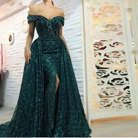 sequined overskirts evening dresses off the shoulder count train mermaid prom dress front split customized celebrity party gowns