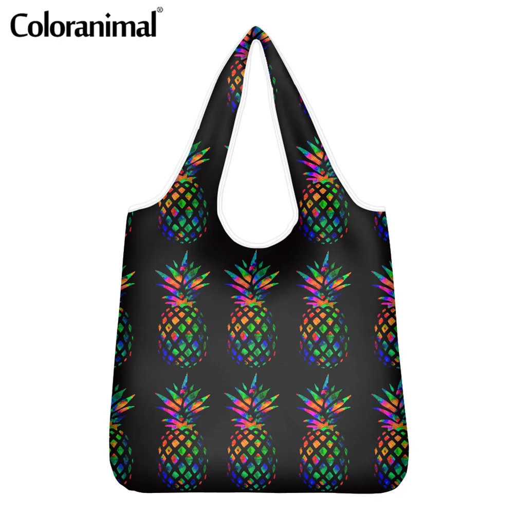 

Coloranimal Fashion Women Man Storage Shopper Bags Black Protable Large Grocery Bags Tropical Pineapple Pattern Eco-Friendly Bag