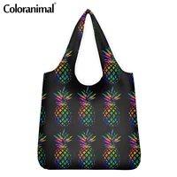 coloranimal fashion women man storage shopper bags black protable large grocery bags tropical pineapple pattern eco friendly bag