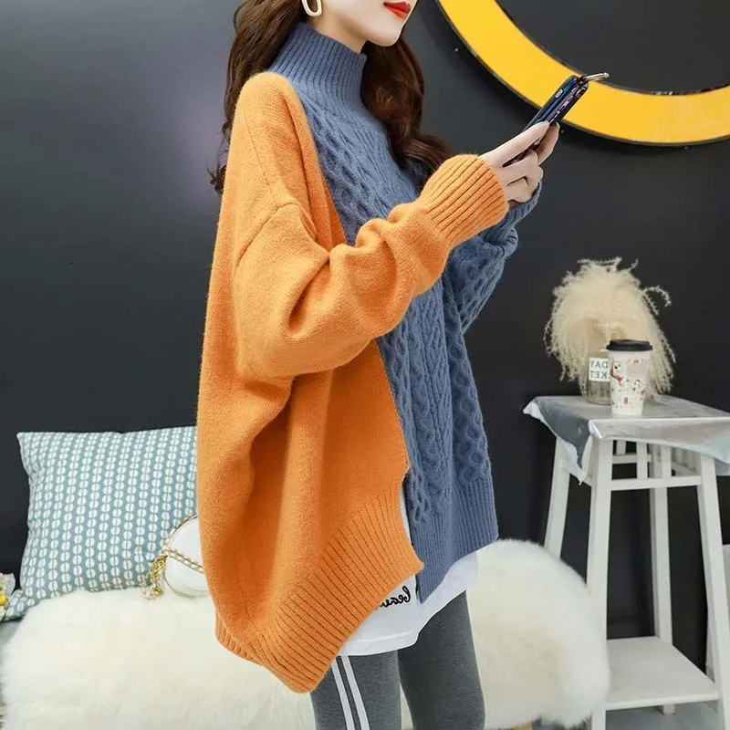 Женский свитер с длинным рукавом свободный разрезом и высоким воротником