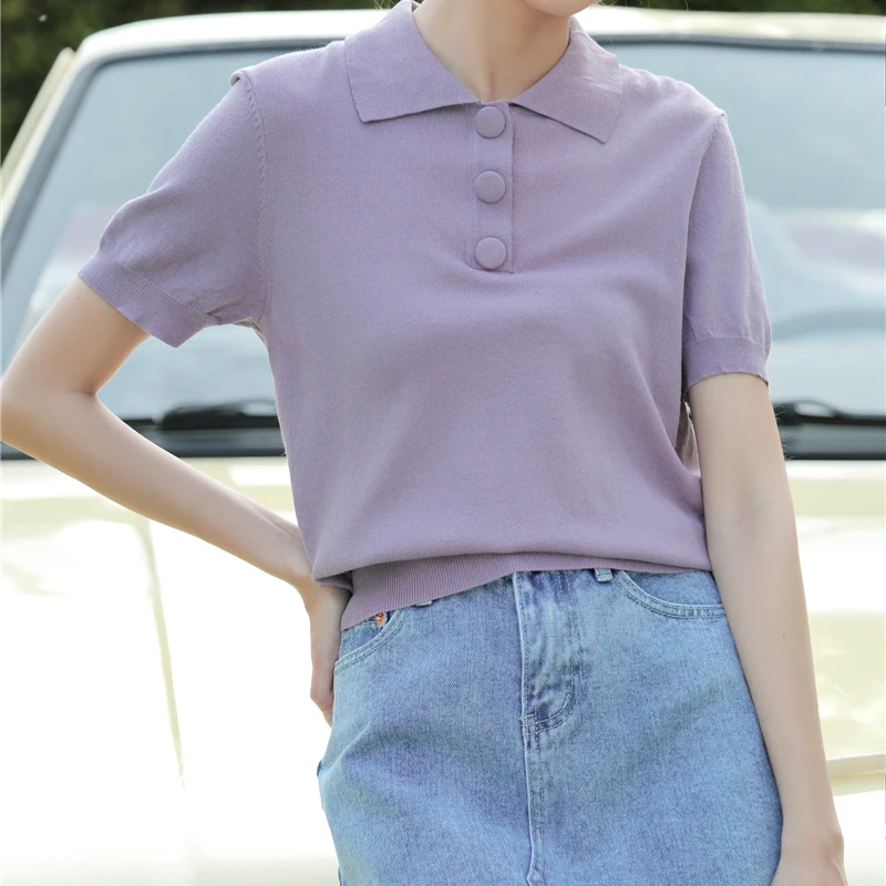 

Summer Turn-down Collar Short Sleeves Female Tops Casual Solid Colour Knitted Women T-shirt Small Fresh Basic Tee Shirts Korean