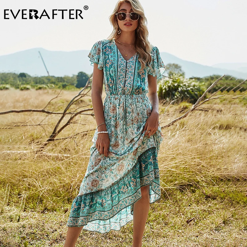 

EVERAFTER Сексуальное Женское платье с цветочным принтом, v-образным вырезом, коротким рукавом, оборками, этническое летнее платье, повседневное...