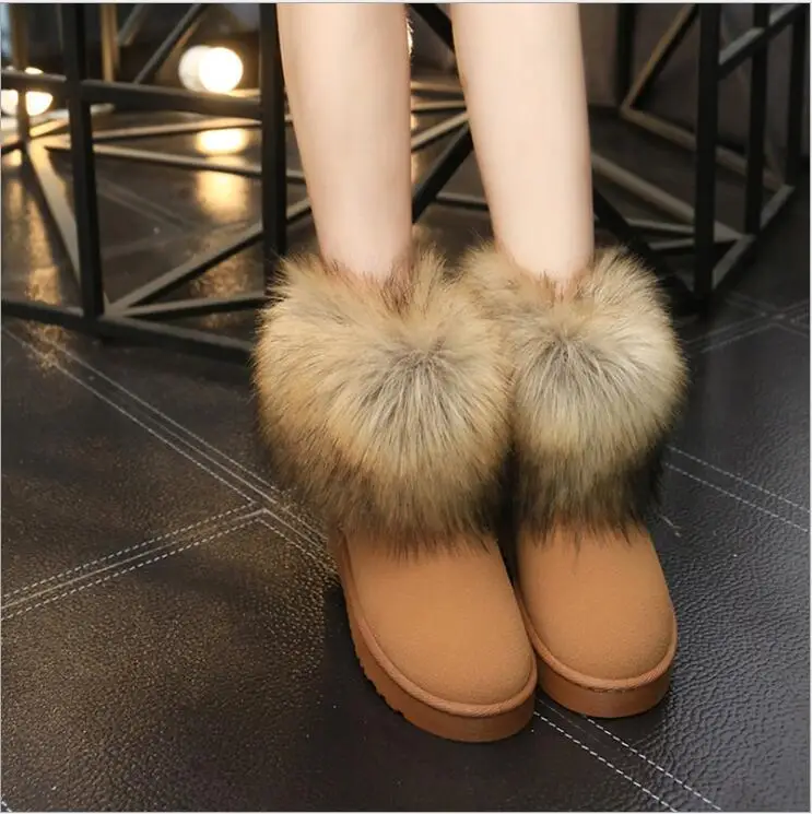 2019 Fashion Girls Cow Suede Leather Fox Fur Women Short Winter boots for Ankle Snow Boots Keep Warm Shoes Black Brown | Обувь