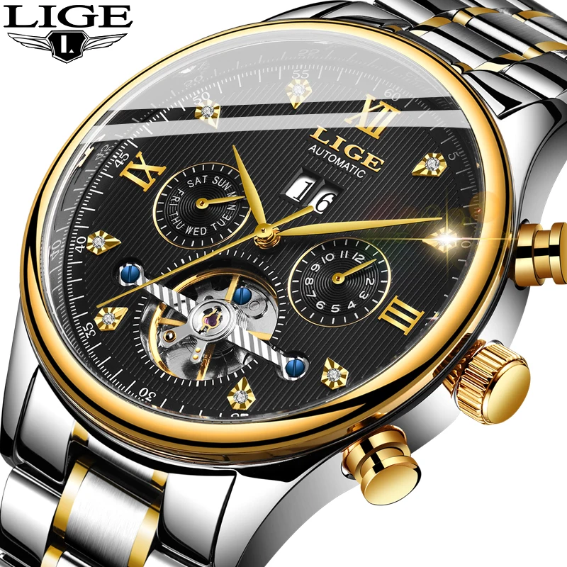 Часы наручные LIGE Мужские автоматические деловые брендовые водонепроницаемые