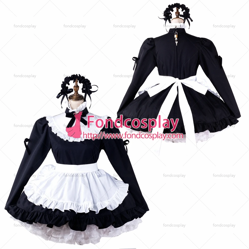

fondcosplay adult sexy cross dressing sissy maid black cotton dress lockable Uniform white apron costume Tailor-made[G2203]